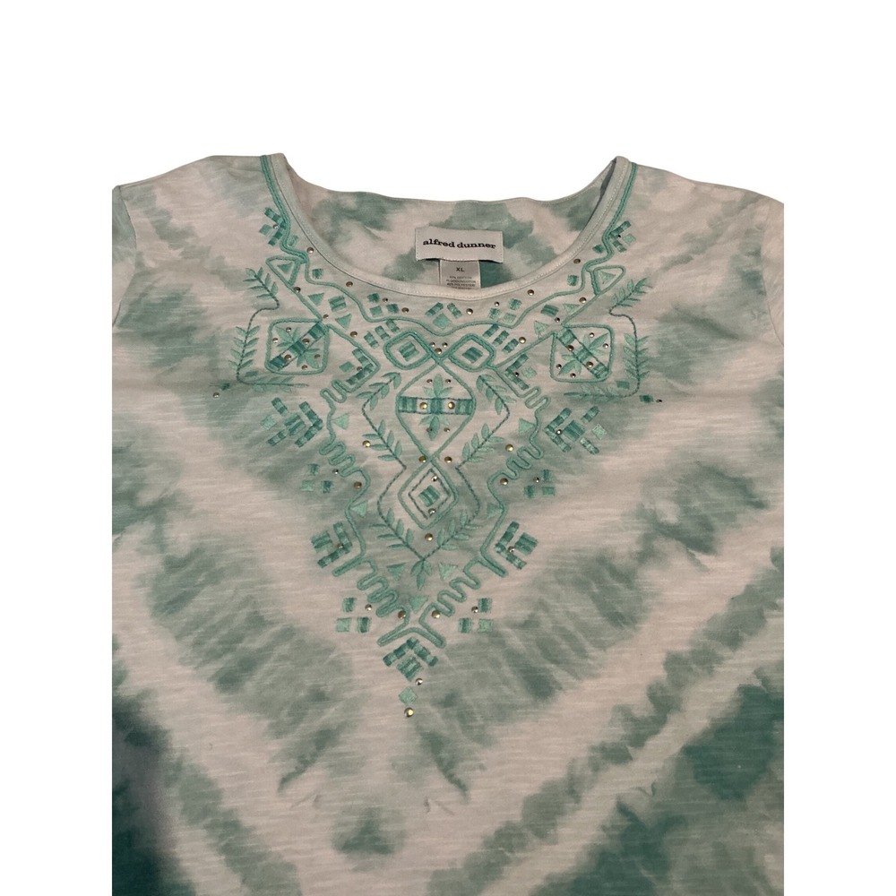 Alfred Dunner Top Womens XL Green Tie Dye Embroidered Studded Slub